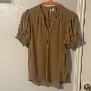 Cato Tan Blouse with Ruched Sleeves